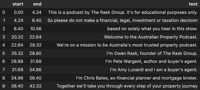 Podcast transcript example showing segmented audio with timestamps and text